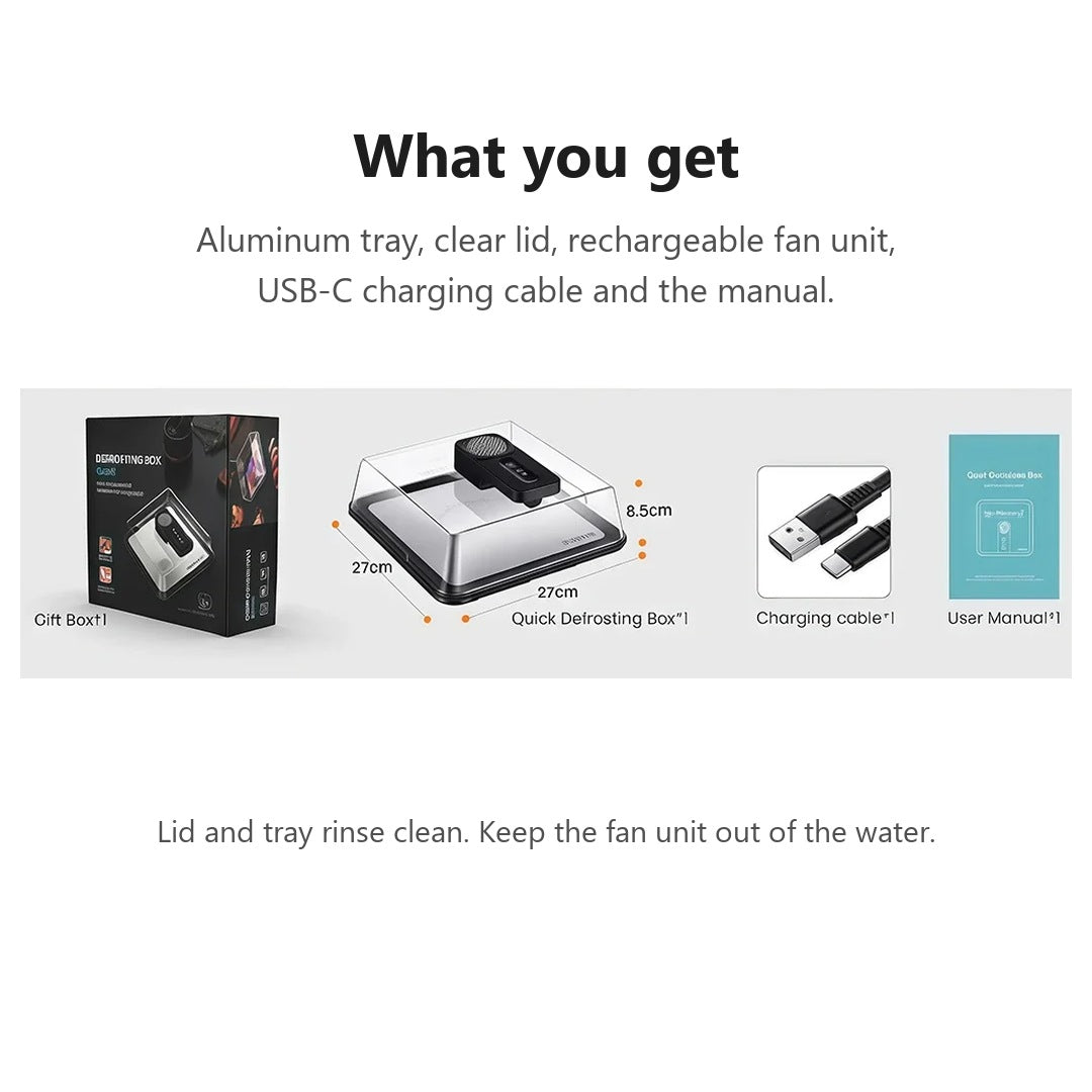 What you get with the Quick Thaw Defrosting Box: tray, clear lid, fan unit, USB-C cable and manual