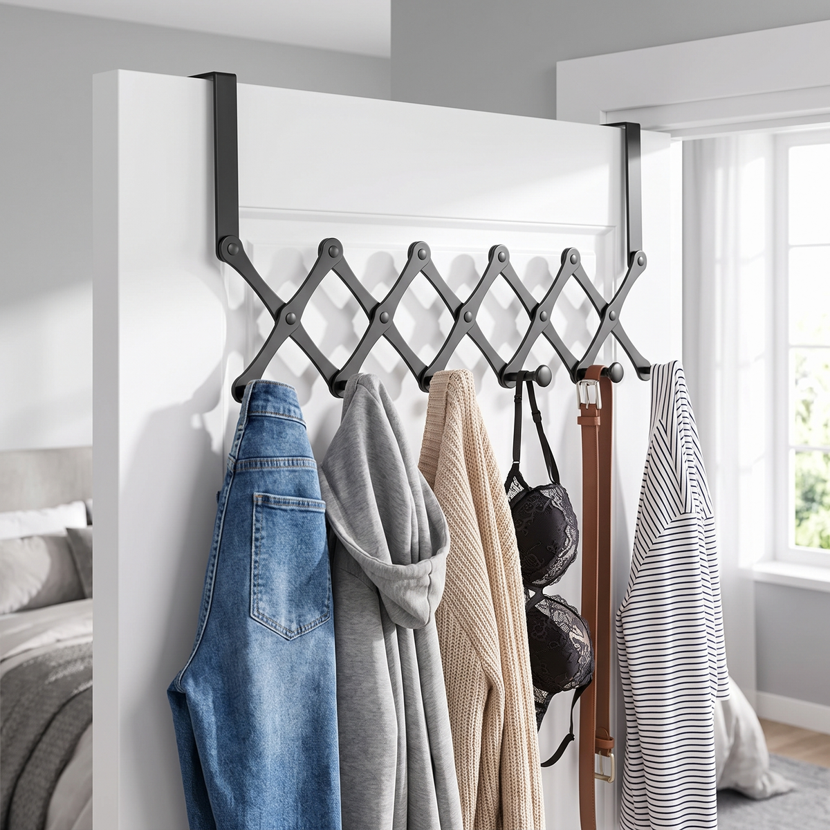 Rewear Rack in black hooked over a white bedroom door, expanded with jeans, a hoodie, a sweater, a bra and a belt each on its own peg