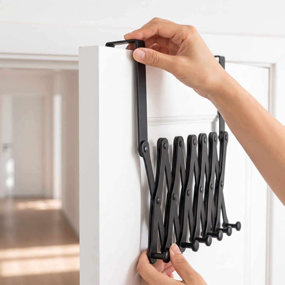 How it installs: hooking the Rewear Rack bracket over the top edge of a door, no drilling