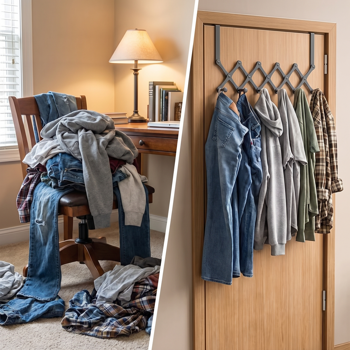 Before and after: a bedroom chair buried in worn clothes, then the same clothes hanging neatly on the Rewear Rack over the door