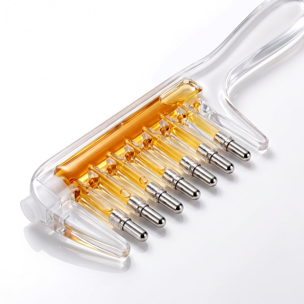 Scalp Serum Applicator Comb on white, clear reservoir filled with amber serum, seven roller-ball teeth
