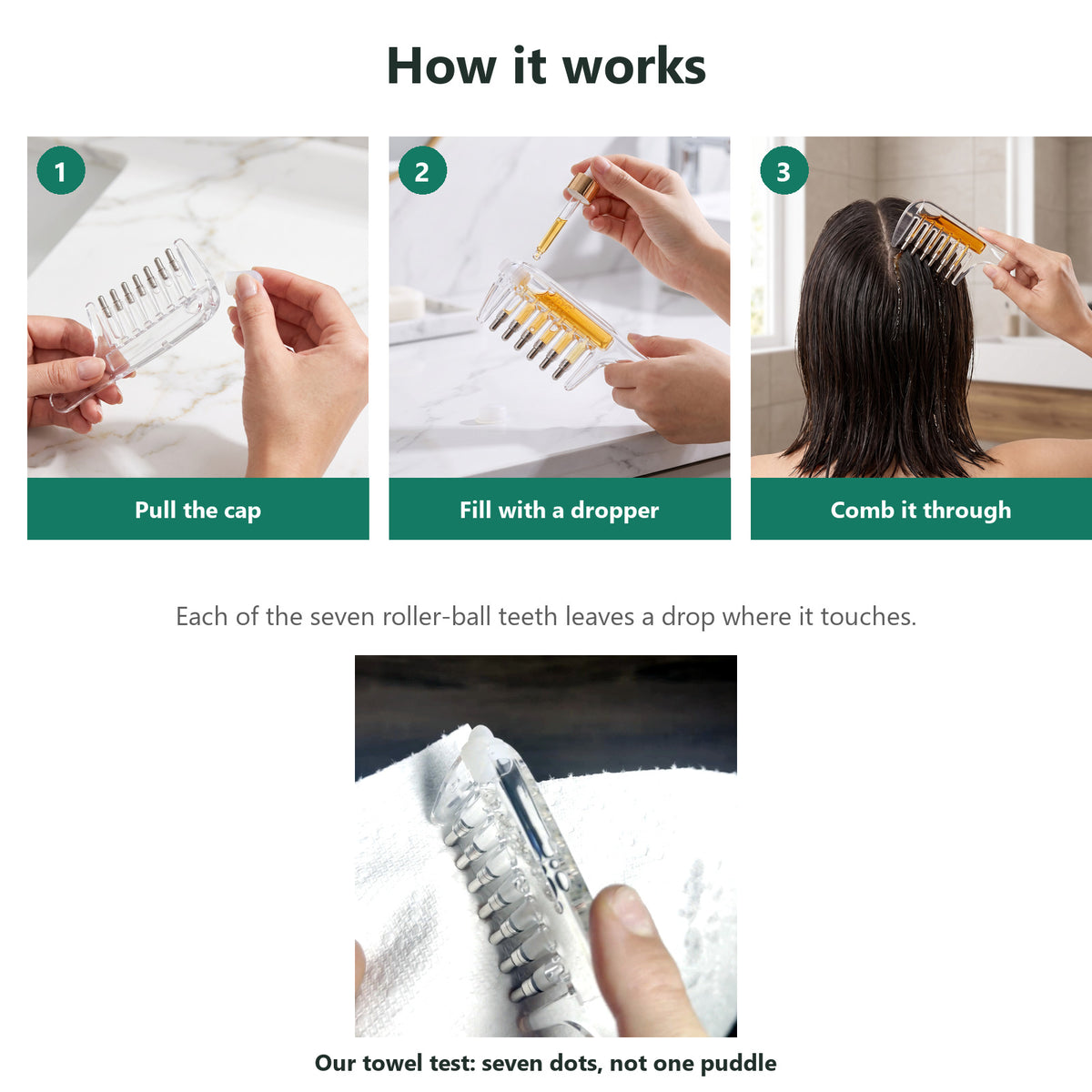 How it works: pull the cap, fill with a dropper, comb it through, with the Scalp Serum Applicator Comb
