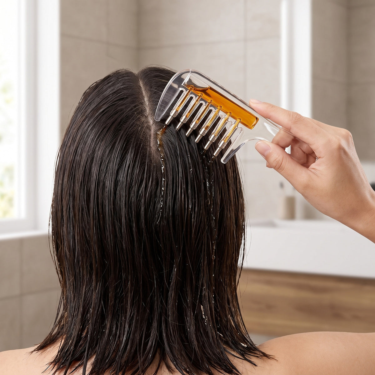 Scalp Serum Applicator Comb drawn along the part line, seven roller-ball teeth on the scalp