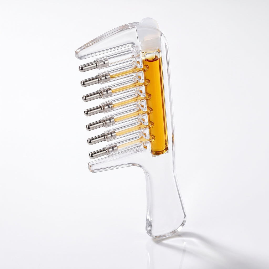 Scalp Serum Applicator Comb standing upright, clear body and seven steel roller balls
