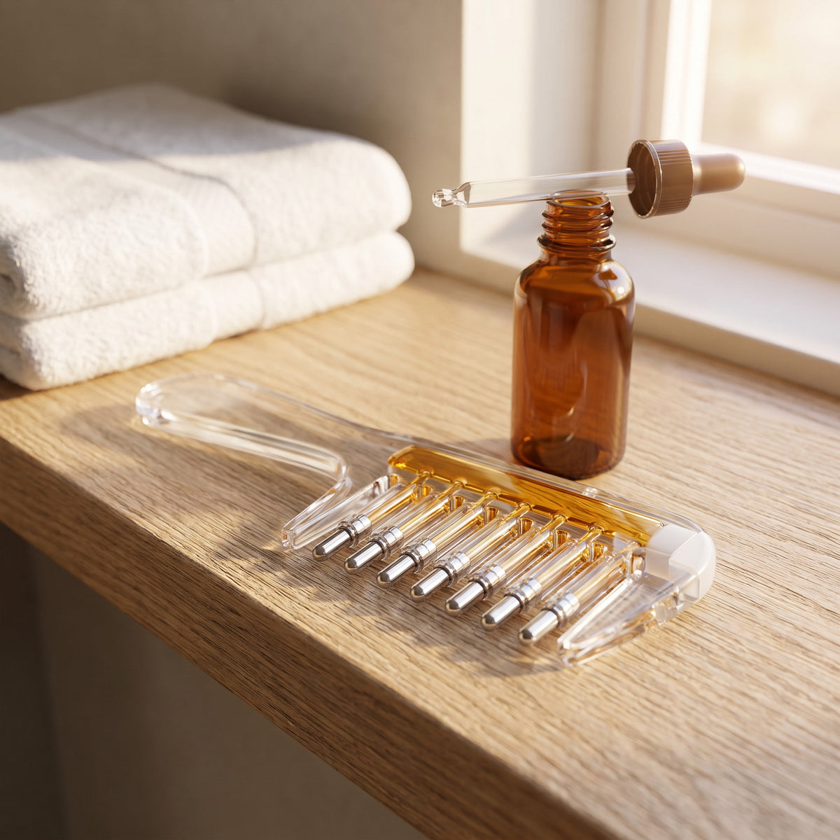 Scalp Serum Applicator Comb on a bathroom shelf beside a plain serum bottle and towels