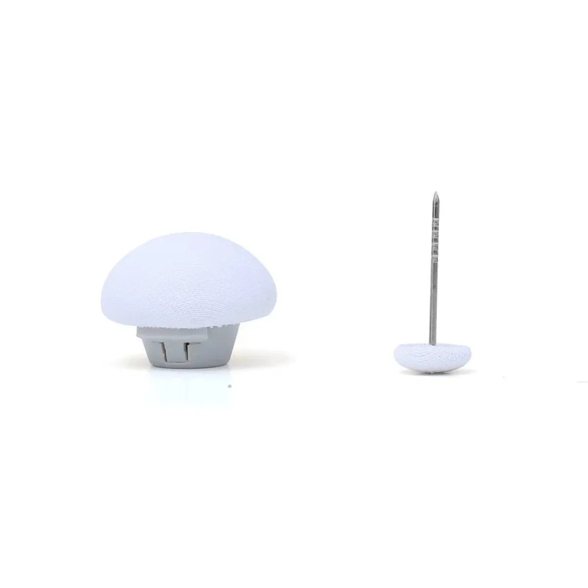 White Stay-Put Duvet Clip showing the padded locking cap and the pin base side by side