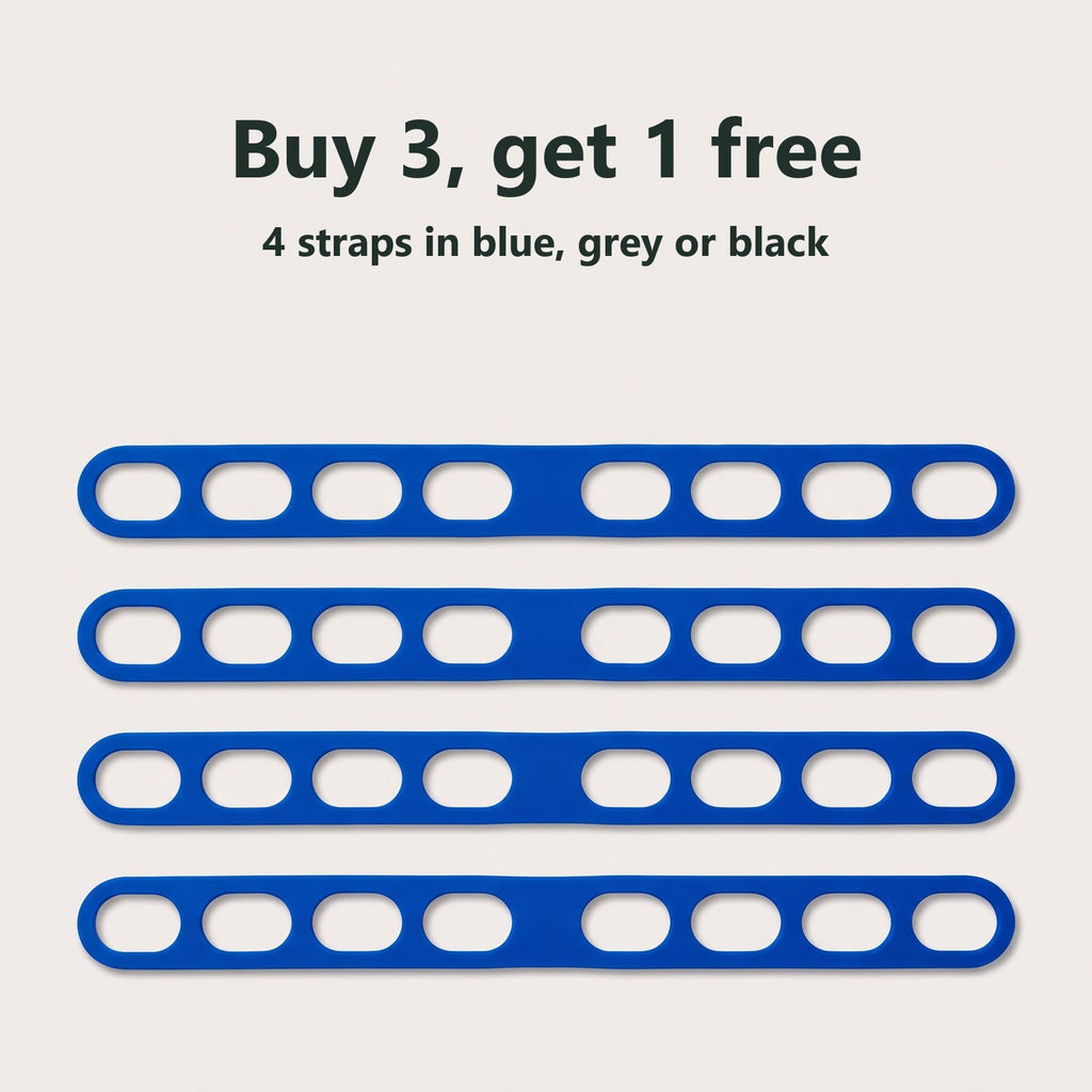 Four lid straps side by side for the buy 3, get 1 free pack, in blue, grey or black