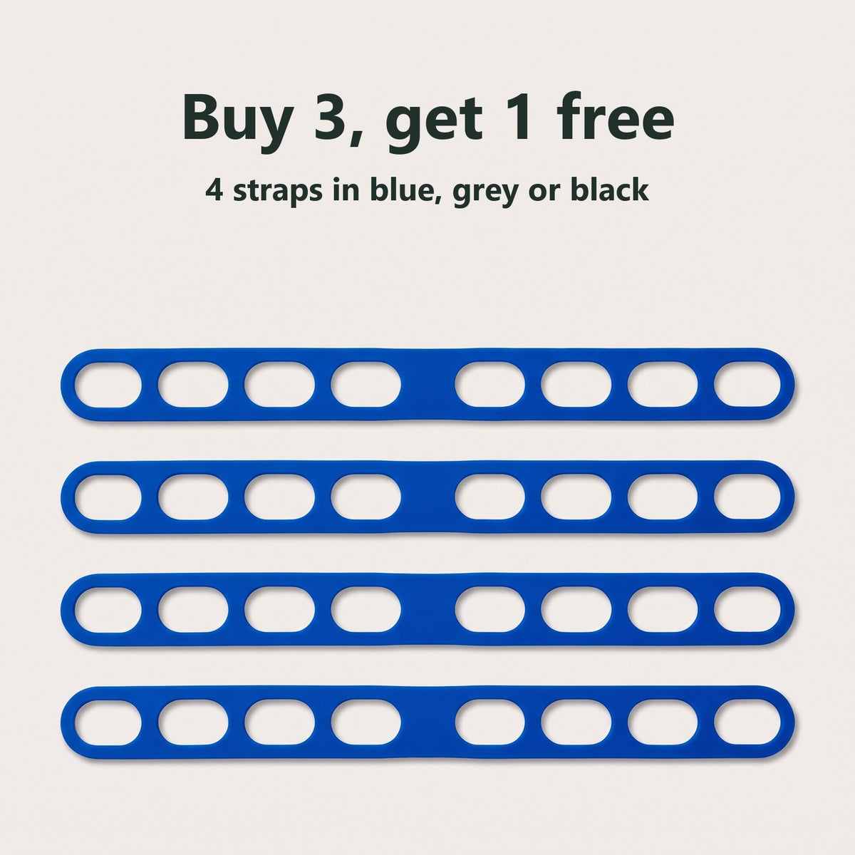 Four lid straps side by side for the buy 3, get 1 free pack, in blue, grey or black