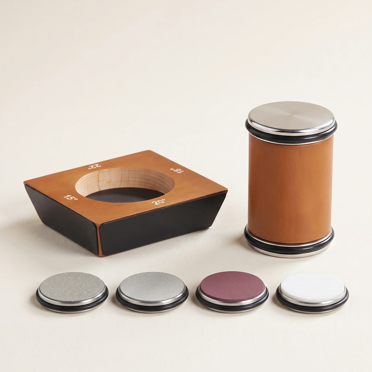True Angle rolling knife sharpener kit: wood roller with steel ends, four-angle magnetic base and four sharpening discs