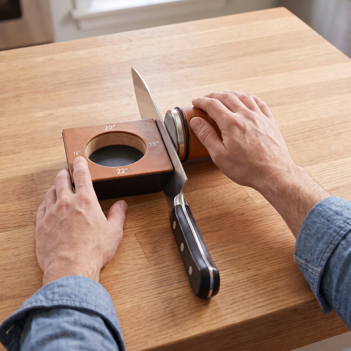 One hand holds the magnetic base while the other rolls the True Angle sharpener along a chef's knife held edge-up on the angled side
