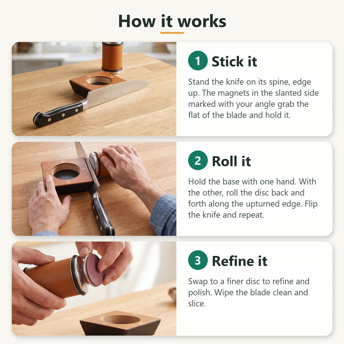 How it works: stick the knife to the magnetic base, roll the diamond disc along the edge, swap to a finer disc to refine