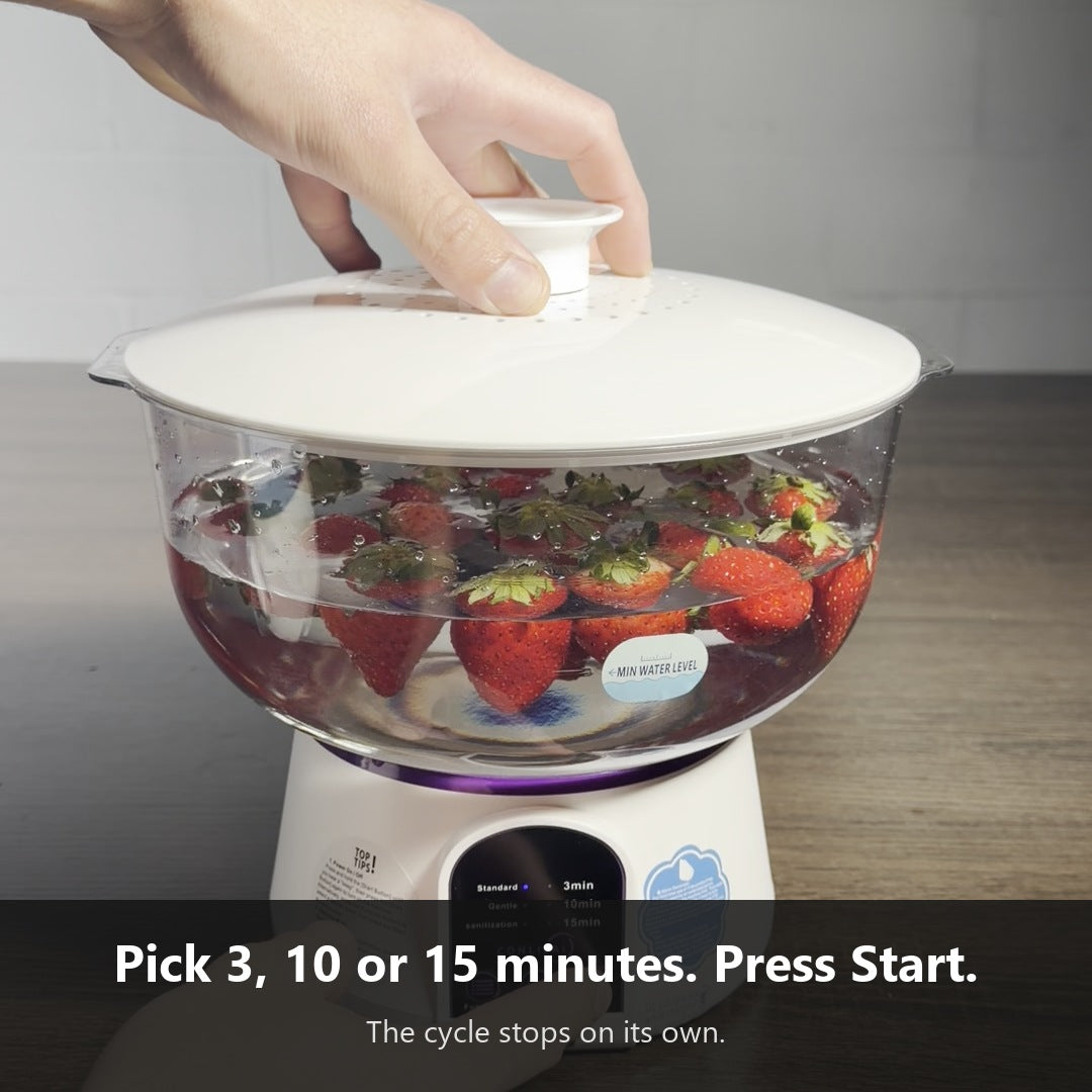 Finger pressing Start on the Vortex Produce Washer panel, 3, 10 and 15 minute modes