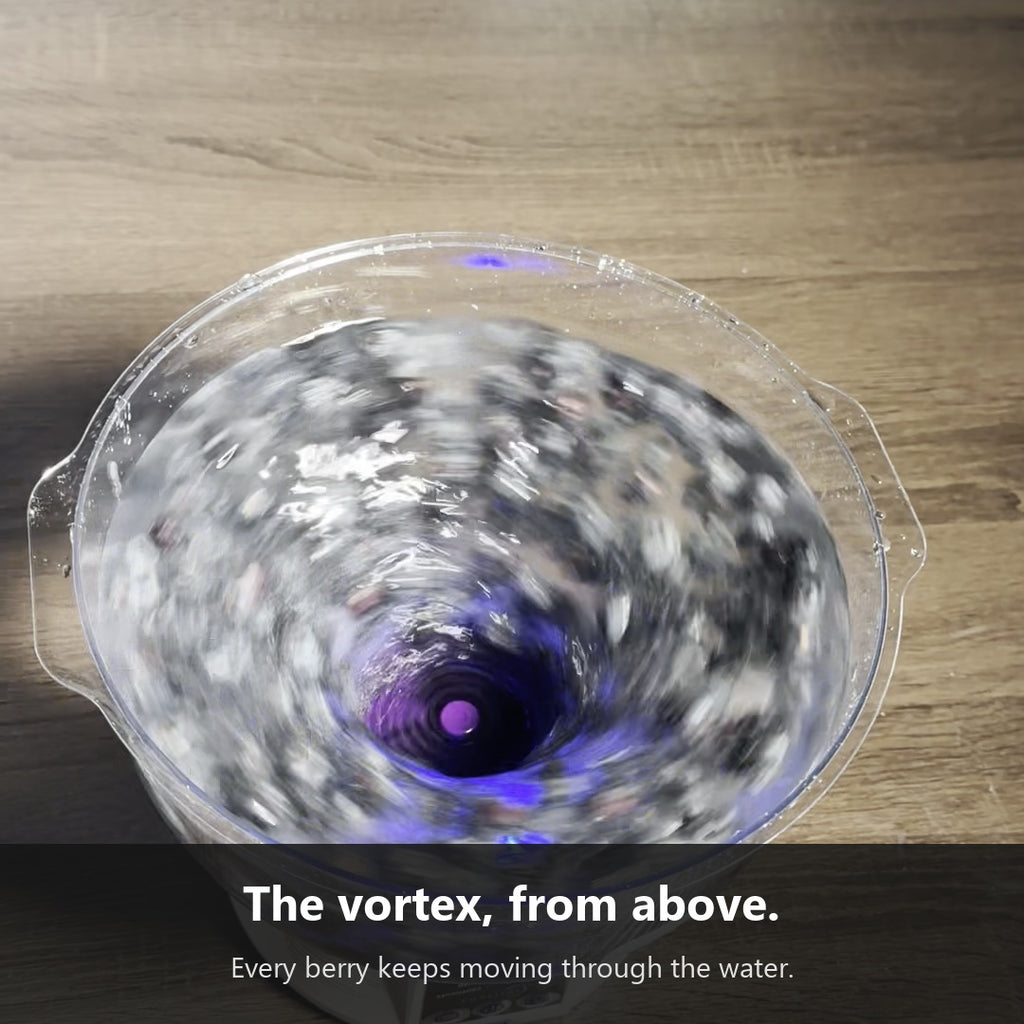The Vortex Produce Washer vortex from above, blueberries circling through the water