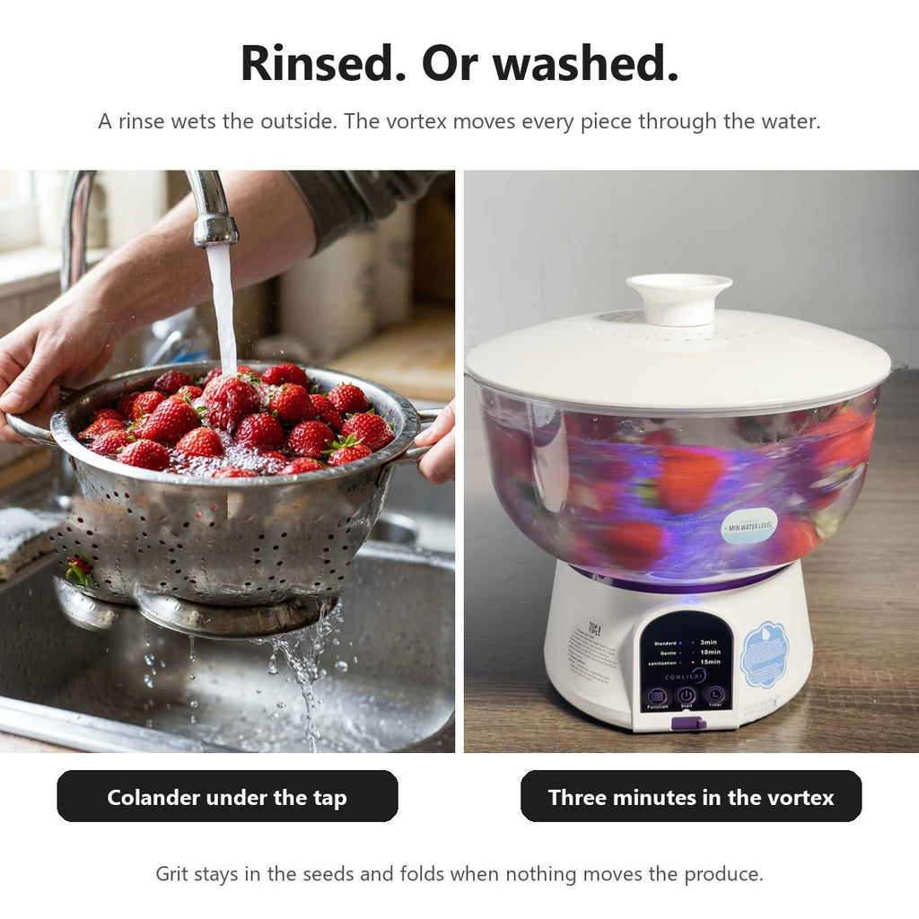 Colander under the tap beside the Vortex Produce Washer running, the rinse versus the vortex