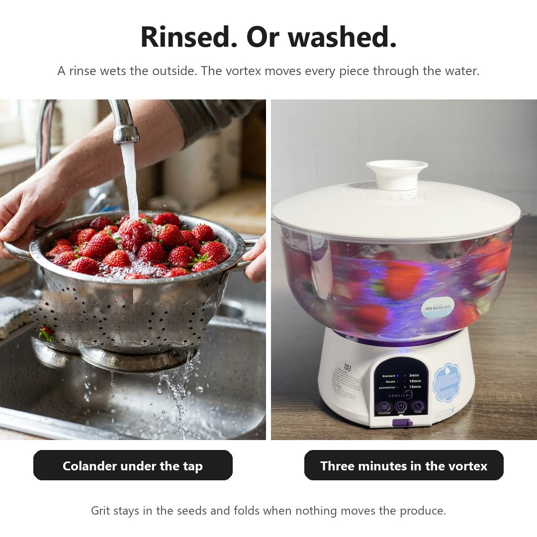 Colander under the tap beside the Vortex Produce Washer running, the rinse versus the vortex