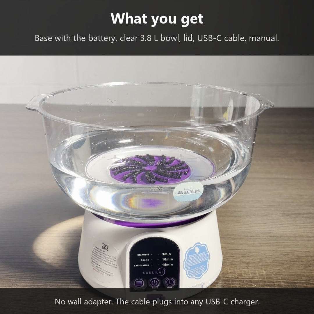 What comes in the Vortex Produce Washer box: base, 3.8 L bowl, lid, USB-C cable, manual