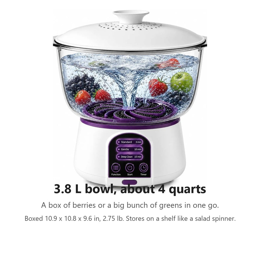 Vortex Produce Washer size: 3.8 L bowl, about 4 quarts, boxed 10.9 x 10.8 x 9.6 in