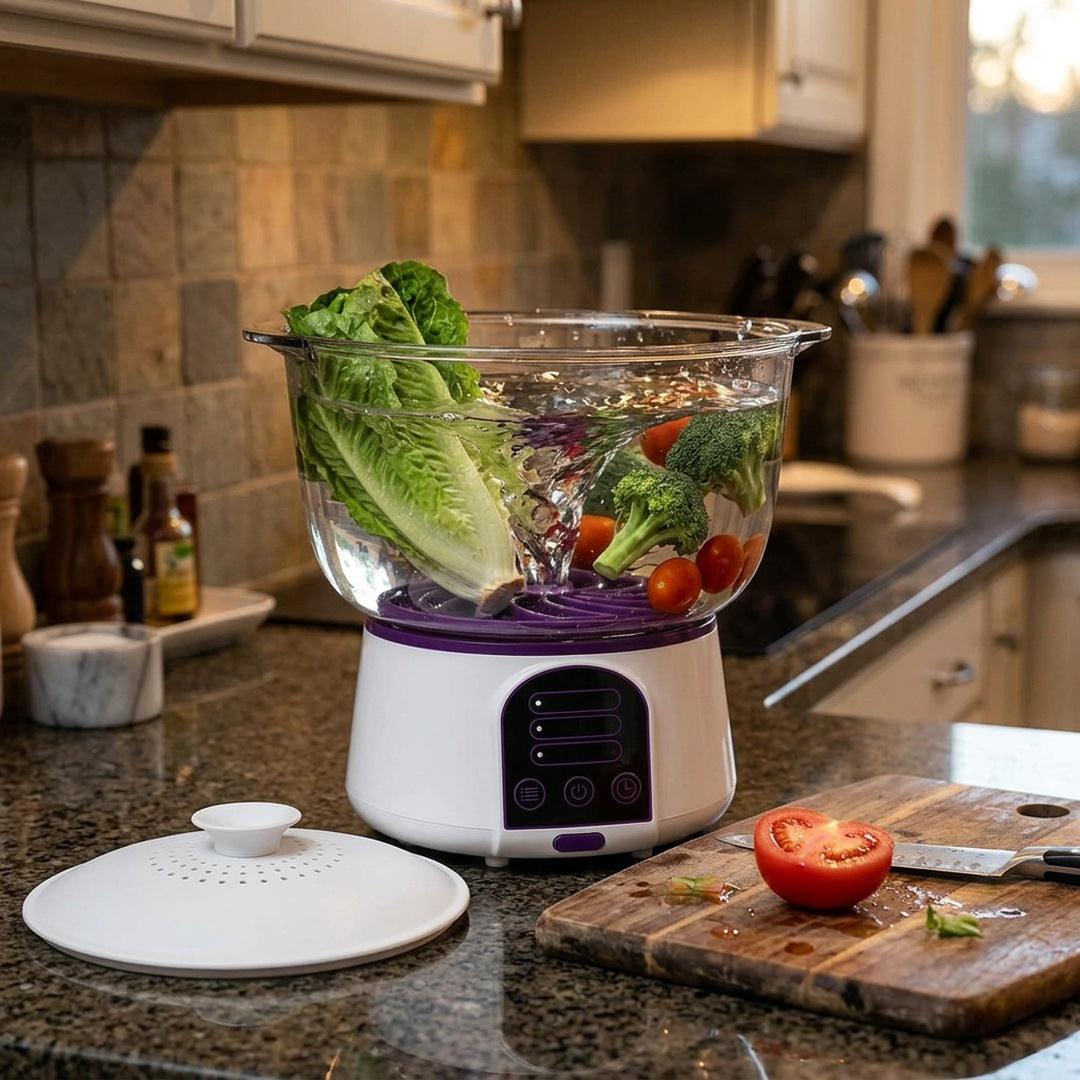 Vortex Produce Washer with romaine, broccoli and cherry tomatoes tumbling in the water