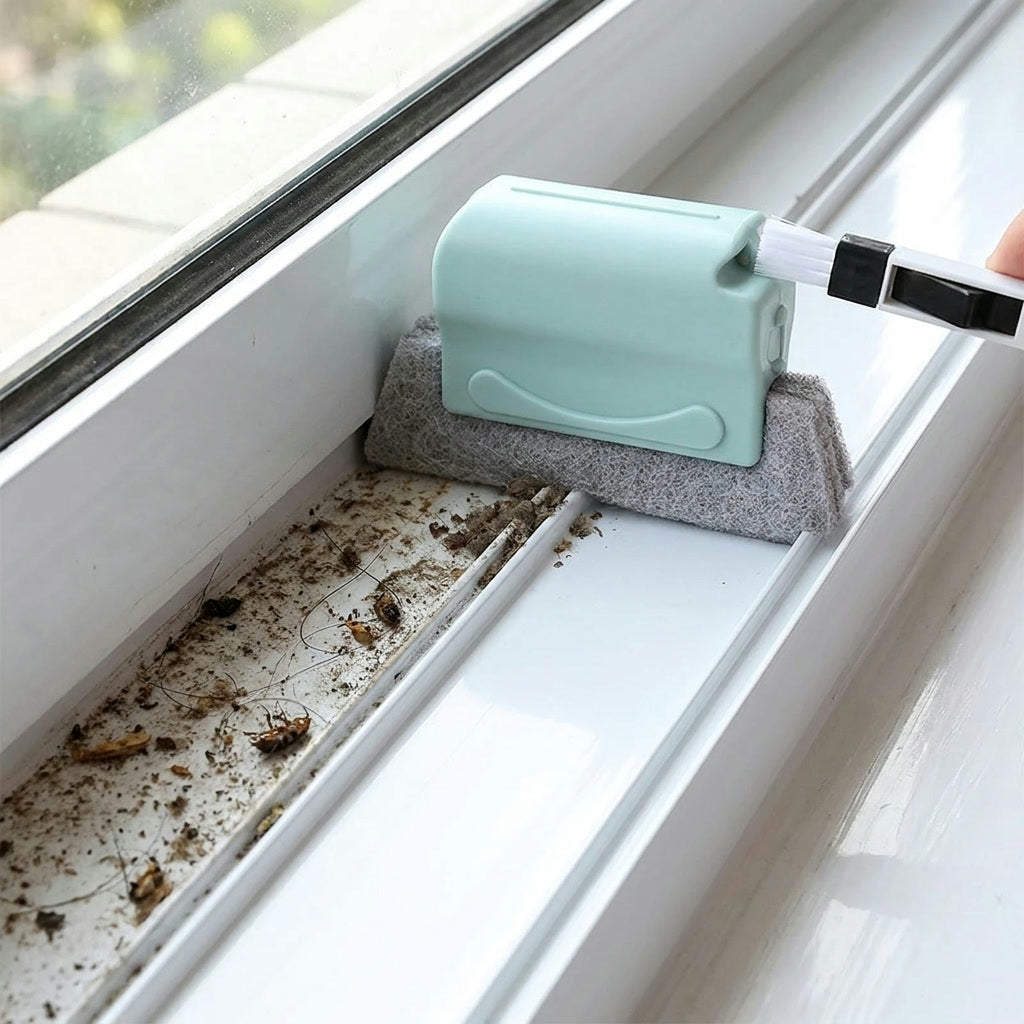 Window track half covered in grime and half spotless after one pass of the groove brush