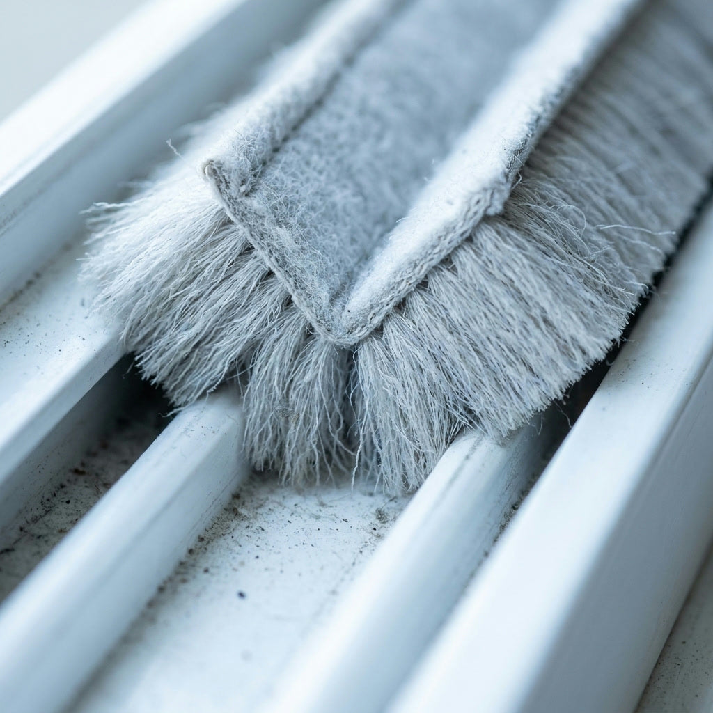 Close up of the V shaped fiber pad conforming to the grooves of a window track