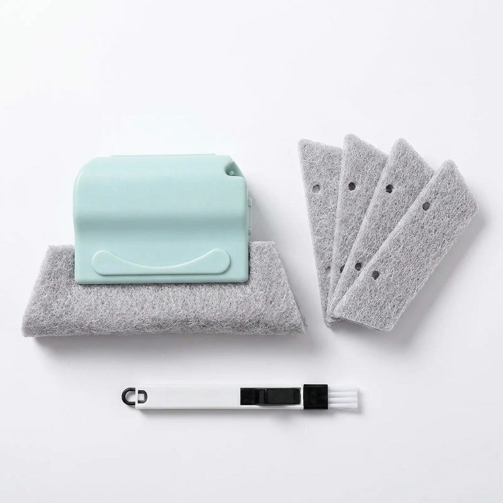 Teal window track cleaner set with spare fiber pads and corner wand on white background